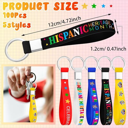 100 Pcs Hispanic Heritage Month Keychain Gifts Bulk Spanish Party Decorations Colorful Silicone Keychains for Men Women Hispanic Heritage Month Party Accessories Favors in Saudi Arabia
