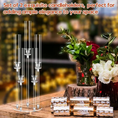 2 مجموعة 5 ذراع حامل شموع الذراع مع 10 أجهزة كمبيوتر شمعة ، Mjkeomo 27 '' Candelabra مركزية لجداول حامل شمعدان واضحة مع عاكس للضوء لصالح موقد هدية Housewarming عشاء in Kuwait