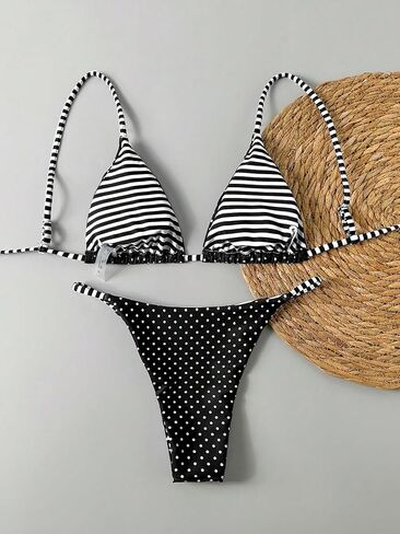 WDIRARA Women's Polka Dots Striped Bikini Set Triangle Swimsuit Two Piece Bathing Suit in Saudi Arabia