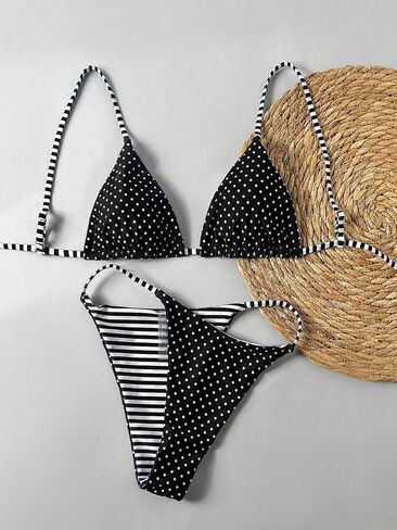 WDIRARA Women's Polka Dots Striped Bikini Set Triangle Swimsuit Two Piece Bathing Suit in Saudi Arabia