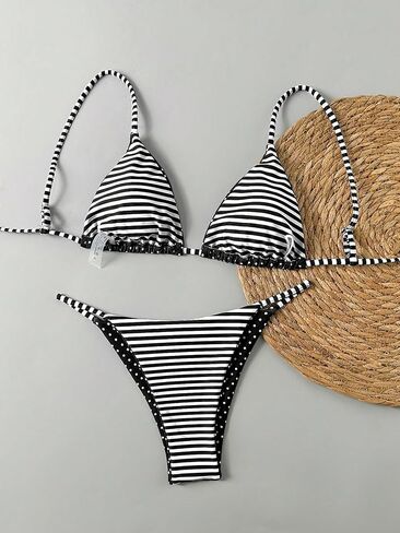 WDIRARA Women's Polka Dots Striped Bikini Set Triangle Swimsuit Two Piece Bathing Suit in Saudi Arabia