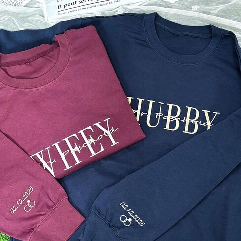 Wifey Hubby Embroidered Sweatshirt, Newlywed Honeymoon Outfit, Personalized Matching Couple Hoodie, Date On Sleeve, Future Mrs Hoodie, Engagement Clothings, Wedding Party Gift, Bride Groom Gift in Saudi Arabia