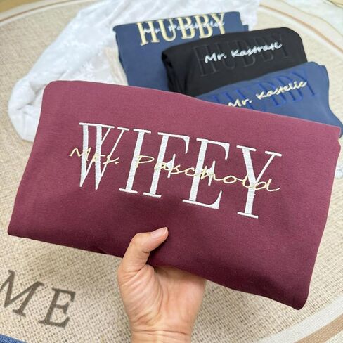Wifey Hubby Embroidered Sweatshirt, Newlywed Honeymoon Outfit, Personalized Matching Couple Hoodie, Date On Sleeve, Future Mrs Hoodie, Engagement Clothings, Wedding Party Gift, Bride Groom Gift in Saudi Arabia