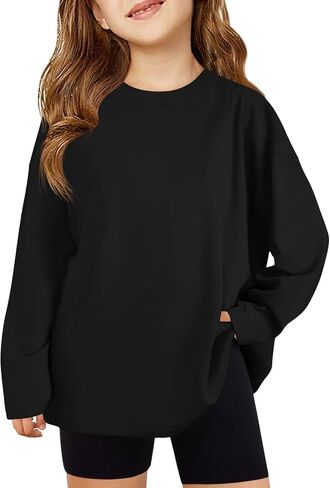 Haloumoning Girls Long Sleeve T-Shirts Kids Fall Oversized Tops Casual Crewneck Tees 5-14 Years in Saudi Arabia