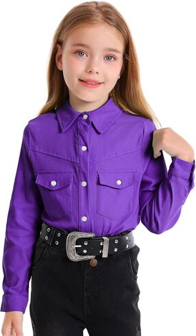 Girls Western Shirt Long Sleeve Collared Retro Button Down Snap Shirts for Teen Cowgirl Style Country Top 5-16 Years in Saudi Arabia