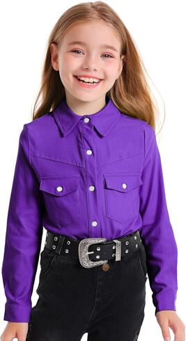 Girls Western Shirt Long Sleeve Collared Retro Button Down Snap Shirts for Teen Cowgirl Style Country Top 5-16 Years in Saudi Arabia
