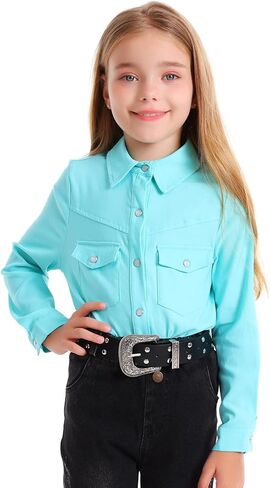 Girls Western Shirt Long Sleeve Collared Retro Button Down Snap Shirts for Teen Cowgirl Style Country Top 5-16 Years in Kuwait