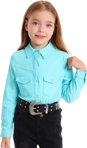 Girls Western Shirt Long Sleeve Collared Retro Button Down Snap Shirts for Teen Cowgirl Style Country Top 5-16 Years in Kuwait