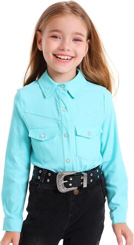 Girls Western Shirt Long Sleeve Collared Retro Button Down Snap Shirts for Teen Cowgirl Style Country Top 5-16 Years in Kuwait