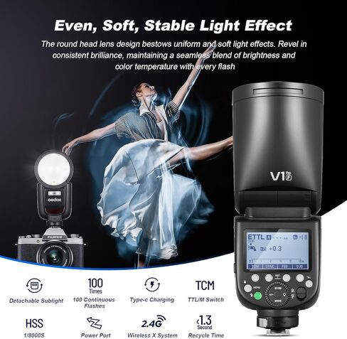 godox v1pro-n v1pro n shot flash for nikon ttl camera camera speedlite 76ws 2.4g x wireless hss 1/8000s 2980mah lithium led battion LED مصباح sub flash su-1 (إصدار الولايات المتحدة الأمريكية) in Kuwait
