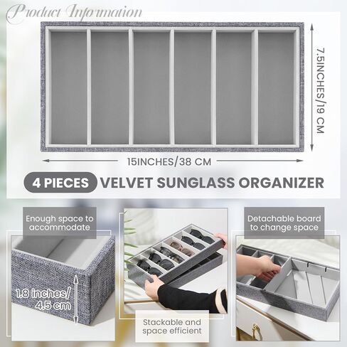 4 Pieces Velvet Sunglasses Organizer 6 Grid Sunglass Organizer Tray Velvet Glasses Tray Stackable Glasses Display Case Velvet Jewelry Tray for Women for Glasses Jewelry Watch Organizer Tray in Saudi Arabia