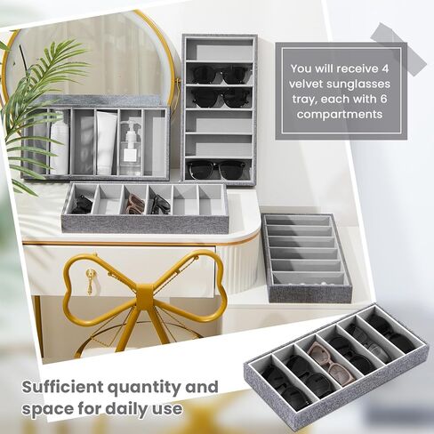 4 Pieces Velvet Sunglasses Organizer 6 Grid Sunglass Organizer Tray Velvet Glasses Tray Stackable Glasses Display Case Velvet Jewelry Tray for Women for Glasses Jewelry Watch Organizer Tray in Saudi Arabia
