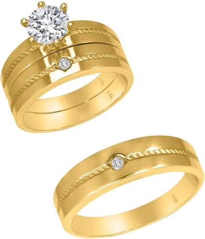 حلقات ثلاثية تم تعيينها 14K ذهبية صفراء - حلقات زفاف 3 قطع فرقة لها وله - جولة Zirconia CZ للزوجين والنساء - Anillos de Matrimonio. in Saudi Arabia