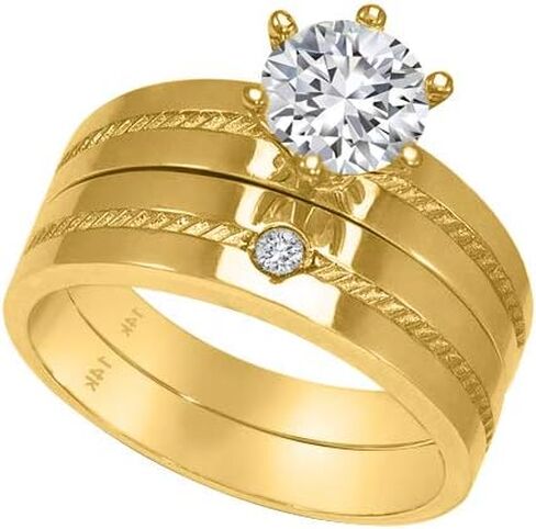 حلقات ثلاثية تم تعيينها 14K ذهبية صفراء - حلقات زفاف 3 قطع فرقة لها وله - جولة Zirconia CZ للزوجين والنساء - Anillos de Matrimonio. in Saudi Arabia