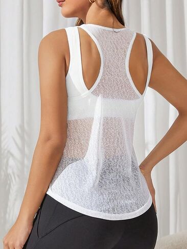 SweatyRocks Women's Scoop Neck Sleeveless Sheer Racerback Workout Tank Top Athletic Shirts in Saudi Arabia