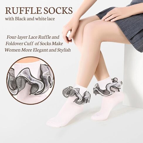 Women Ruffle Socks with 4-Layer Big Frilly Lace Turn Cuff Dress Socks Adult Soft Cotton Fancy Frilly Sock in Kuwait