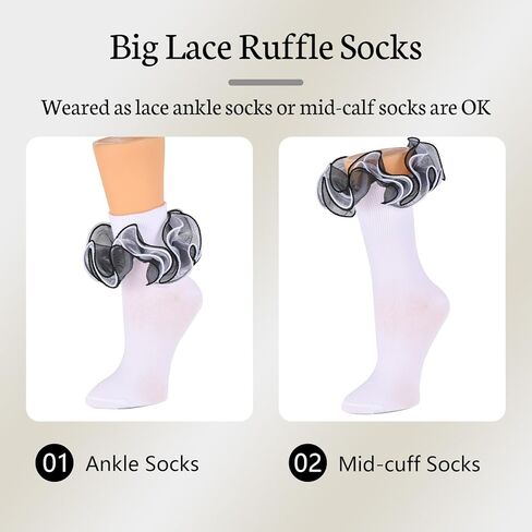 Women Ruffle Socks with 4-Layer Big Frilly Lace Turn Cuff Dress Socks Adult Soft Cotton Fancy Frilly Sock in Kuwait