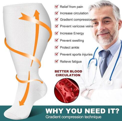 Genovega 3 Packs Wide Calf Compression Socks for Women Men Knee Hight S/M-4XL for Gifts in Kuwait
