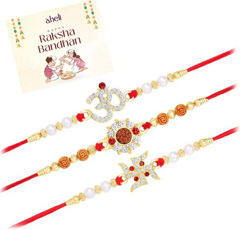 Aheli Crystals & Beads Studded Om Swastik Rakhi for Brother Raksha Bandhan Rakhi with Greeting Card (Combo, Pack of 3) in Saudi Arabia