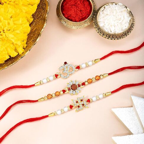 Aheli Crystals & Beads Studded Om Swastik Rakhi for Brother Raksha Bandhan Rakhi with Greeting Card (Combo, Pack of 3) in Saudi Arabia