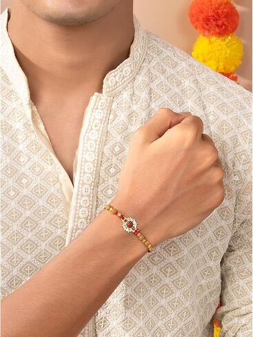 Aheli Crystals & Beads Studded Om Swastik Rakhi for Brother Raksha Bandhan Rakhi with Greeting Card (Combo, Pack of 3) in Saudi Arabia