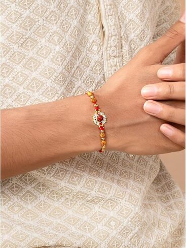 Aheli Crystals & Beads Studded Om Swastik Rakhi for Brother Raksha Bandhan Rakhi with Greeting Card (Combo, Pack of 3) in Saudi Arabia