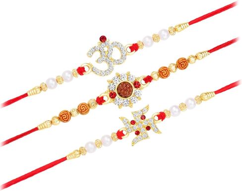 Aheli Crystals & Beads Studded Om Swastik Rakhi for Brother Raksha Bandhan Rakhi with Greeting Card (Combo, Pack of 3) in Saudi Arabia