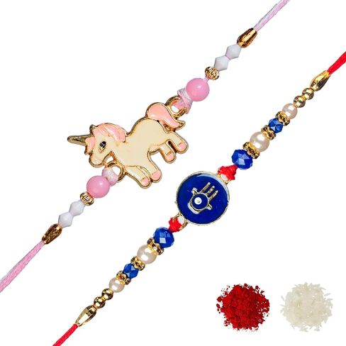Rakhi للأخ و Bhabhi | مجموعة من 2 Rakhi مع Roli Chawal وبطاقة المعايدة | مجموعة الهدايا راكشاباندهان in Kuwait