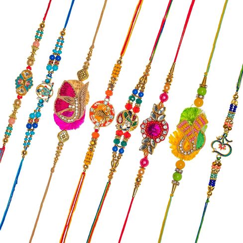 مجموعة من 8 Rakhi للأخ Bhabhi و Bhatija Bhai Bhaiya Raksha Bandhan Gift Rakhi Thread Rakhi مع حزمة هدايا بطاقة المعايدة in Kuwait