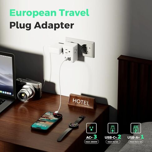 2 Pack European Travel Plug Adapter, International Power Plug Adapter with 3 Outlets 3 USB Charging Ports(2 USB C), Type C Plug Adapter Travel Essentials to Most Europe EU Spain Italy France Germany in Kuwait