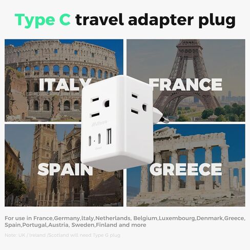2 Pack European Travel Plug Adapter, International Power Plug Adapter with 3 Outlets 3 USB Charging Ports(2 USB C), Type C Plug Adapter Travel Essentials to Most Europe EU Spain Italy France Germany in Kuwait