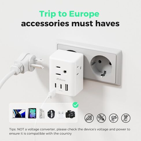 2 Pack European Travel Plug Adapter, International Power Plug Adapter with 3 Outlets 3 USB Charging Ports(2 USB C), Type C Plug Adapter Travel Essentials to Most Europe EU Spain Italy France Germany in Kuwait
