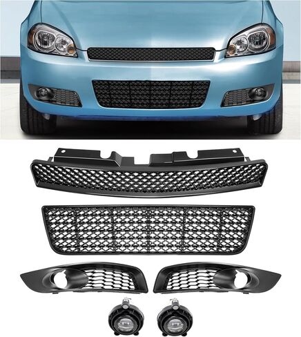 KUAFU Upper&Lower Grill + Fog Lights + Fog Lamp Bezels Set Compatible with 2006-2013 Chevy Chevrolet Impala All Models 2014-2016 Chevy Impala Limited Front Grille Mesh Plastic(ABS+PP) Black 6pcs in Saudi Arabia