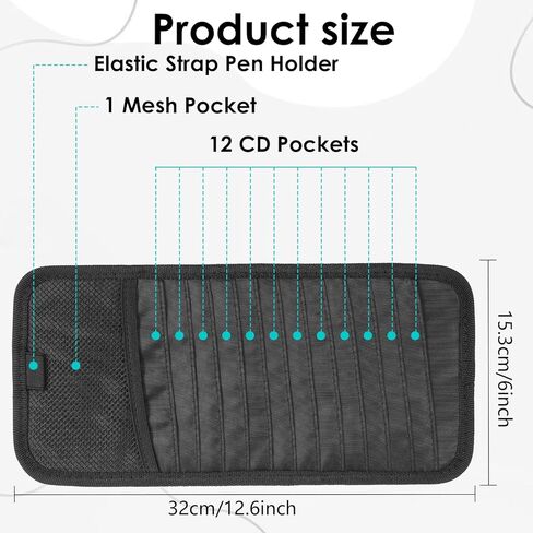Car CD Case Holder, Vehicle Sun Visor Organizer DVD Vehicle Visor Storage Organizer with 12 DVD Storage Sleeves, 1 Mesh Pocket, 1 Pen Holder and Elastic Strap in Saudi Arabia