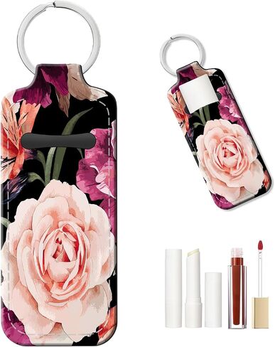Personalized Lip Balm Holder Keychain, Reusable Leather Chapstick Sleeve - Christmas Gift Idea(Vintage Flowers) in Saudi Arabia