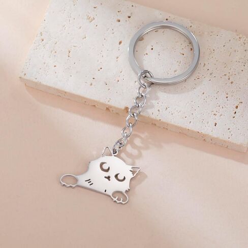 kkjoy Cat with Tilted Head Keychain Stainless Steel Pet Kitty Keyring Purse Bag Accessories For Cat Lovers Women in Kuwait