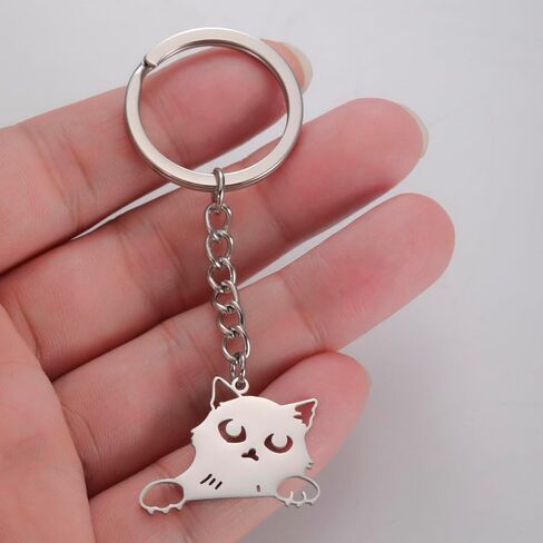 kkjoy Cat with Tilted Head Keychain Stainless Steel Pet Kitty Keyring Purse Bag Accessories For Cat Lovers Women in Kuwait