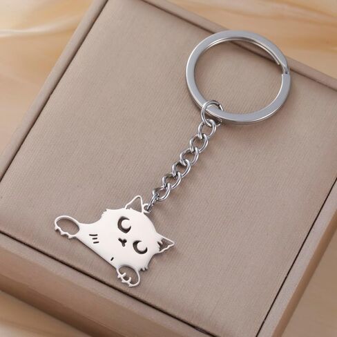 kkjoy Cat with Tilted Head Keychain Stainless Steel Pet Kitty Keyring Purse Bag Accessories For Cat Lovers Women in Kuwait