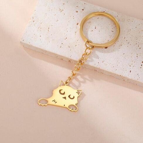 kkjoy Cat with Tilted Head Keychain Stainless Steel Pet Kitty Keyring Purse Bag Accessories For Cat Lovers Women in Kuwait