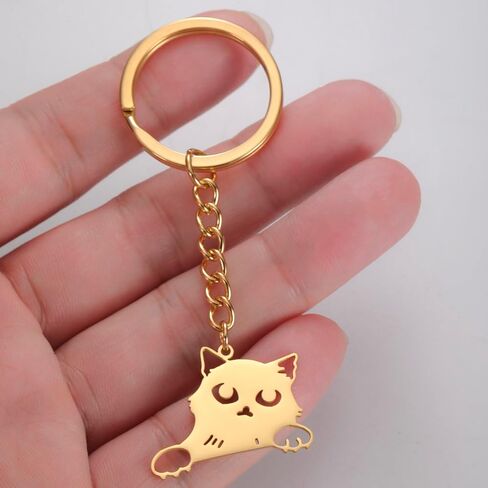 kkjoy Cat with Tilted Head Keychain Stainless Steel Pet Kitty Keyring Purse Bag Accessories For Cat Lovers Women in Kuwait