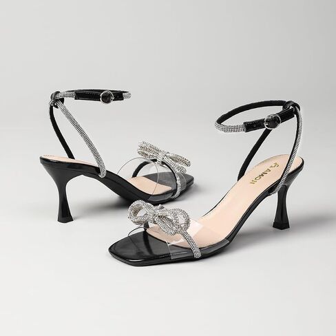 Amoji Women's Kitten Heels 3 Inch Rhinestone Bow Strappy Dress Shoes 336 in Saudi Arabia