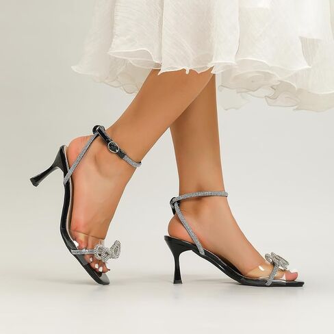 Amoji Women's Kitten Heels 3 Inch Rhinestone Bow Strappy Dress Shoes 336 in Saudi Arabia