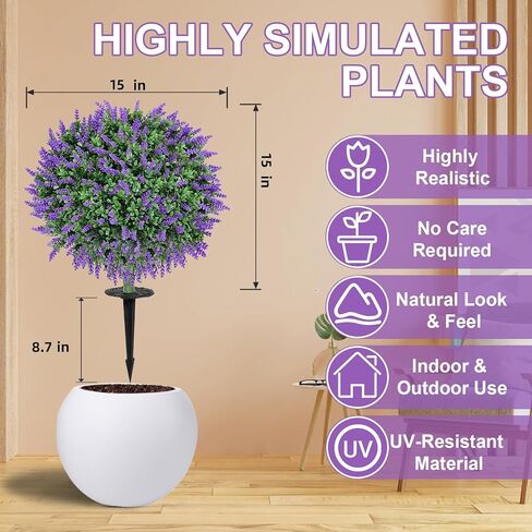 كرات توبيرية خشب البقس الاصطناعية مع اللافندر-مجموعة من شجيرات 23 بوصة مقاومة للأشعة فوق البنفسجية مع طفرات أرضية ، نباتات زخرفية دائمة الخضرة في حديقة الفناء الداخلي في الهواء الطلق in Kuwait