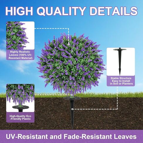 كرات توبيرية خشب البقس الاصطناعية مع اللافندر-مجموعة من شجيرات 23 بوصة مقاومة للأشعة فوق البنفسجية مع طفرات أرضية ، نباتات زخرفية دائمة الخضرة في حديقة الفناء الداخلي في الهواء الطلق in Kuwait