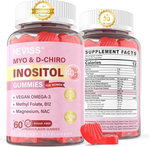 Myo-Inositol & D-Chiro Inositol Gummies Sugar Free, 40:1 Ratio Inositol Supplement Gummies for Women with Vegan Omega-3 & Vitamin D, Methyl Folate + B12, Fertility & Ovarian Support, Hormone Balance in Kuwait