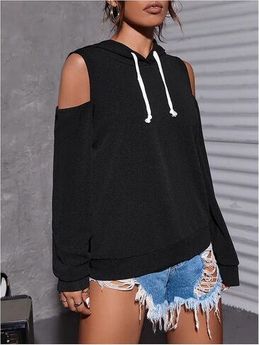 Women's Rhinestone Cutout Hoodie Pullover Drawstring Long Sleeve Casual Hooded Sweatshirts in Saudi Arabia