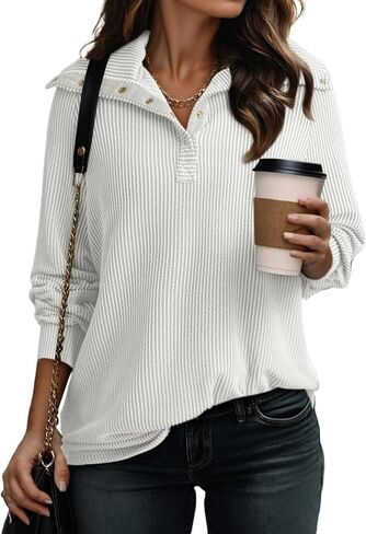 Dokotoo Women's Casual Sweatshirt Long Sleeve Button V Neck Loose Knitted Pullover Sweatshirt Tops in Saudi Arabia