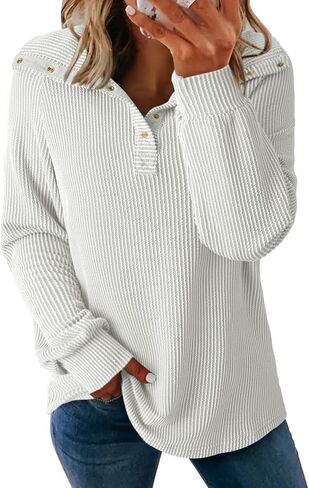 Dokotoo Women's Casual Sweatshirt Long Sleeve Button V Neck Loose Knitted Pullover Sweatshirt Tops in Saudi Arabia