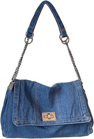 KlaOYer Denim Shoulder Bag for Women Jean Tote Bag Adjustable Chain Strap Crossbody Bags Y2k Trendy Hobo Purse Handbag in Saudi Arabia