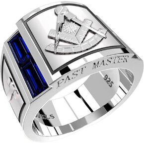 US Jewels Men's 925 Sterling Silver Lab-Created Sapphire Past Master Freemason Masonic Ring, Sizes 8 thru 14 in Saudi Arabia